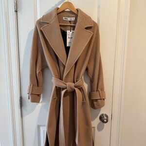 Zara Wool Blend Coat with Tie Waist Camel Tan Size XS